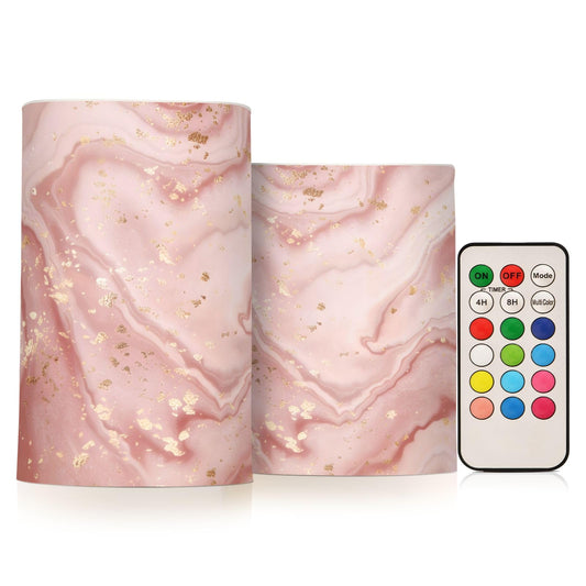 SUABO Rose Gold Glitter Marble Flameless Candles, Flickering LED Candles Battery Operated Color Changing with Remote Timer for Party Wedding Decoration (Without Battery)