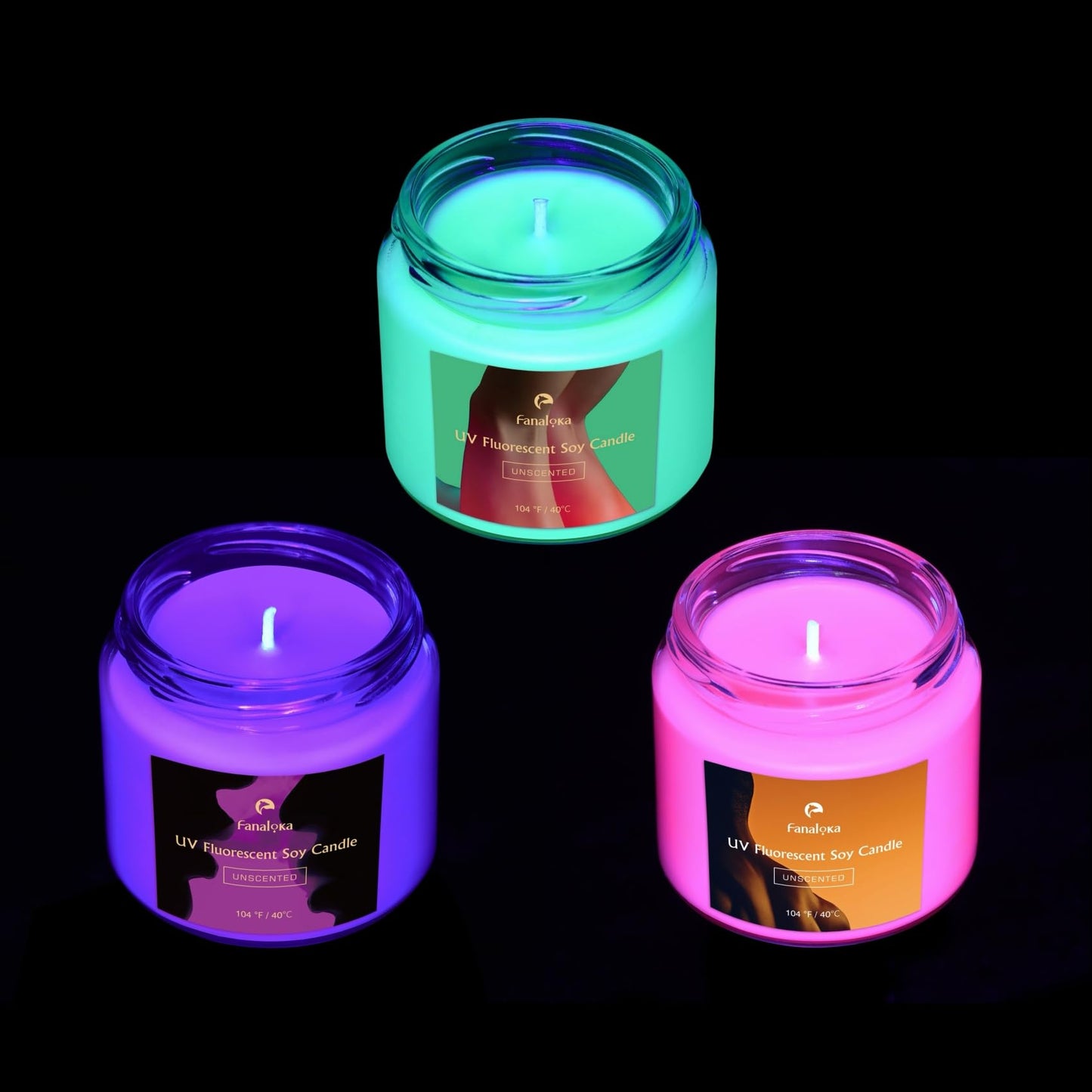 UV Fluorescent Soy Wax Low Temperature Candles, Low Heat Wax Play for Night Party, Unscented, 104 °F, 5 oz (Purple+Orange+Green)