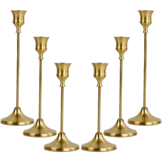 Gold Candlestick Holders, Gold Taper Candle Holders, Set of 6 Candle Stick Holders Set, Vintage Modern Decorative Centerpiece for Table Fireplace Mantel Wedding Party Dinning Housewarming Gift