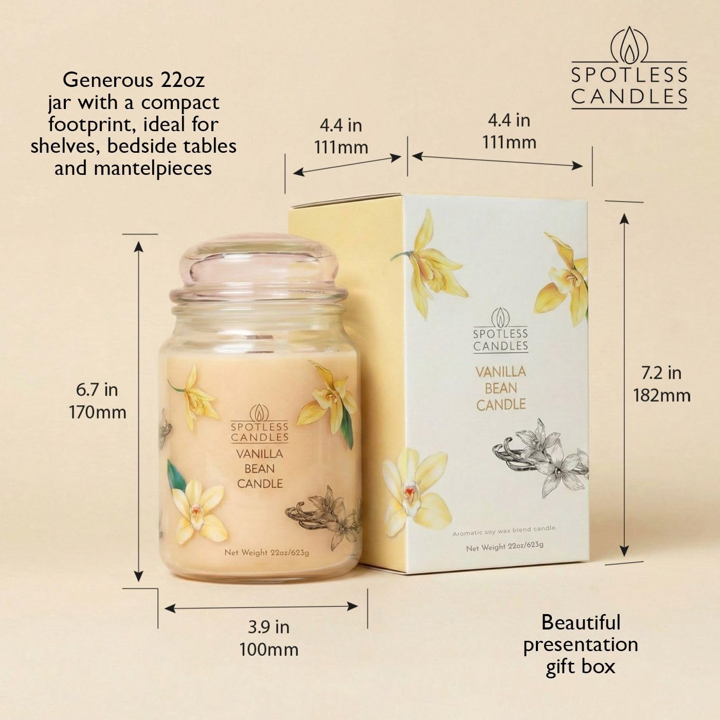 Vanilla Bean Candle 22oz: Upto 130 Hours Burn Time, Crackling Wooden Wick in Large Candle Jar with a Luxury Gift Box & Protective Shipper, Scented Candle by Spotless Candles