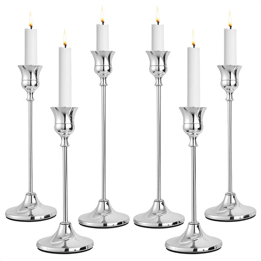 CHILL RECIPE Silver Taper Candle Stick Holders Tall Candle Holder, Vintage Candlesticks Holder Bulk for Home Decor Table Centerpiece Dining Party Festival Decorations (2 Set 6Pcs)