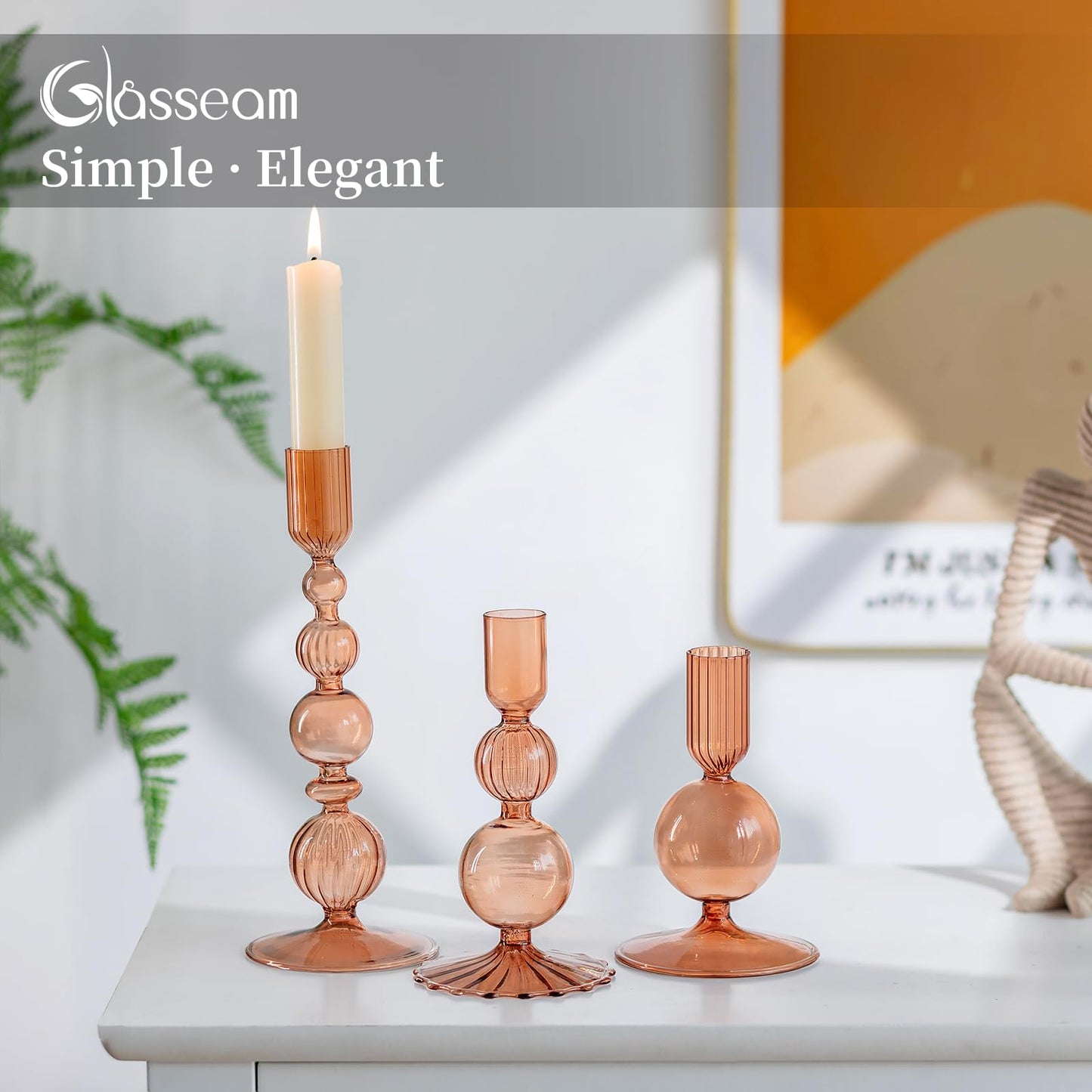Glasseam Candle Sticks Holder Decor: Amber Glass Candle Holders Set of 3 Modern CandleHolders for Taper Candlesticks Unique Fall Candle Holders for Halloween Centerpiece Table Decor Thanksgiving