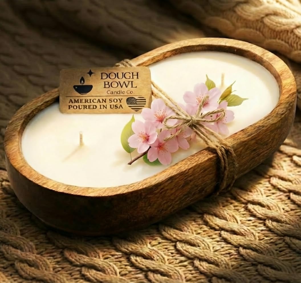 Dough Bowl Candle Co. Cherry Blossom and Citrus Soy Candle - 3 Wick Rustic Farmhouse Decor Odor Eliminator in Wooden Bowls, 20 Ounce Wooden Dough Bowl Candle, All-Natural Gifts for Women and Men