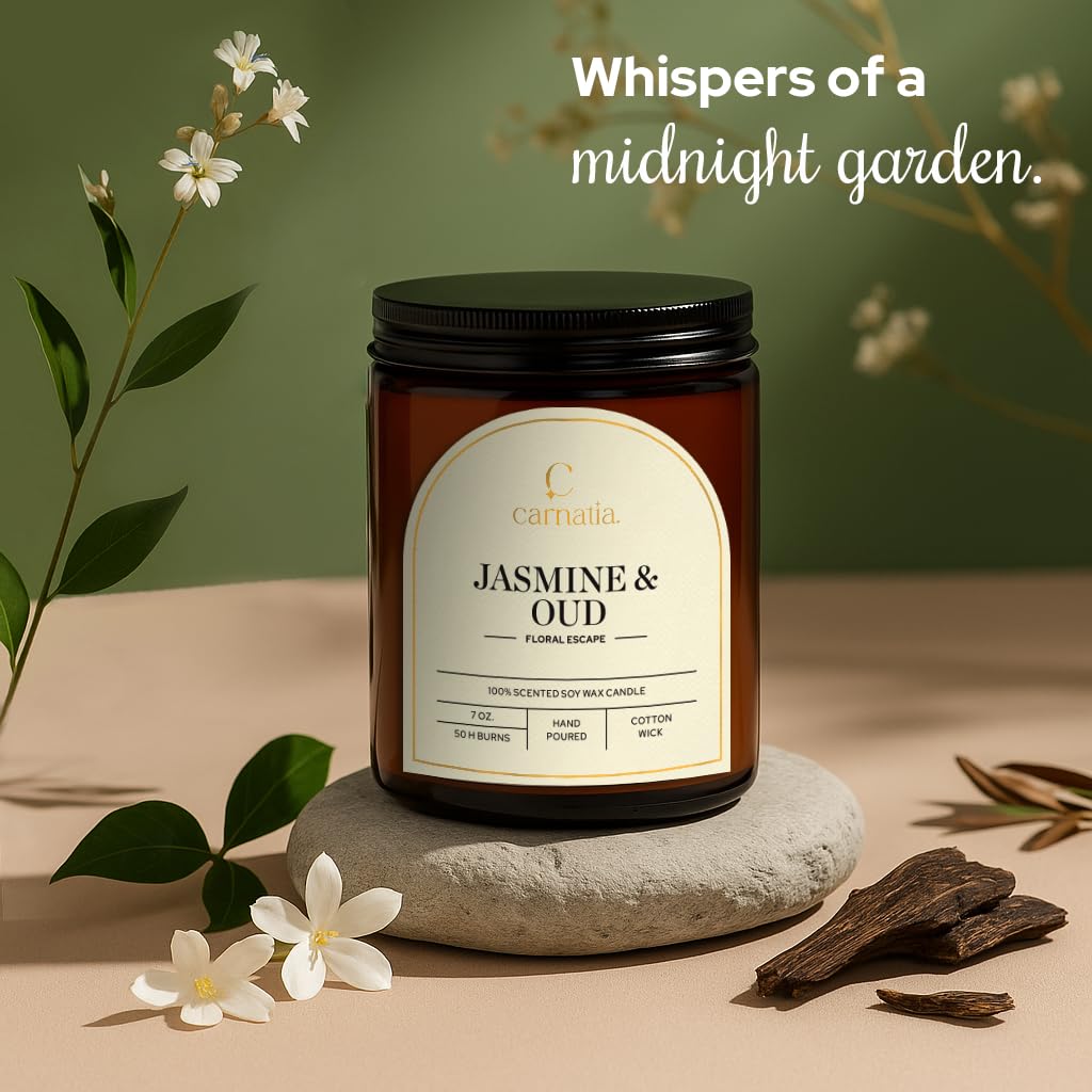 Carnatia Jasmine & Oud Scented Candle – 7 oz | 100% Soy Wax with Cotton Wick | 50 Hour Burn | Aromatherapy Candle for Home, Mood Lift & Relaxation | Gift for Women & Men