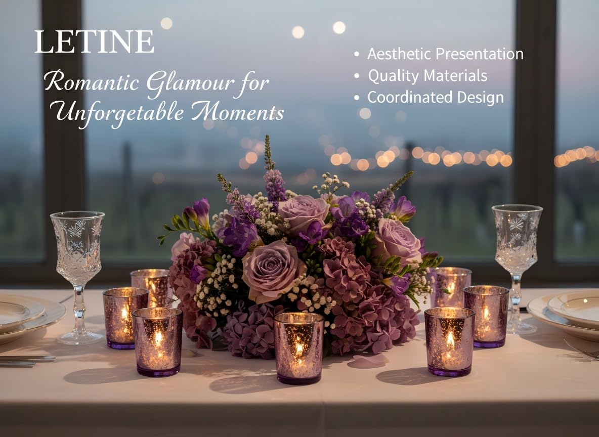 Letine 36pcs Purple Glass Candle Holder Bulk - Ideal Spring Summer Decor for Wedding Centerpiece Table，Valentine's Day