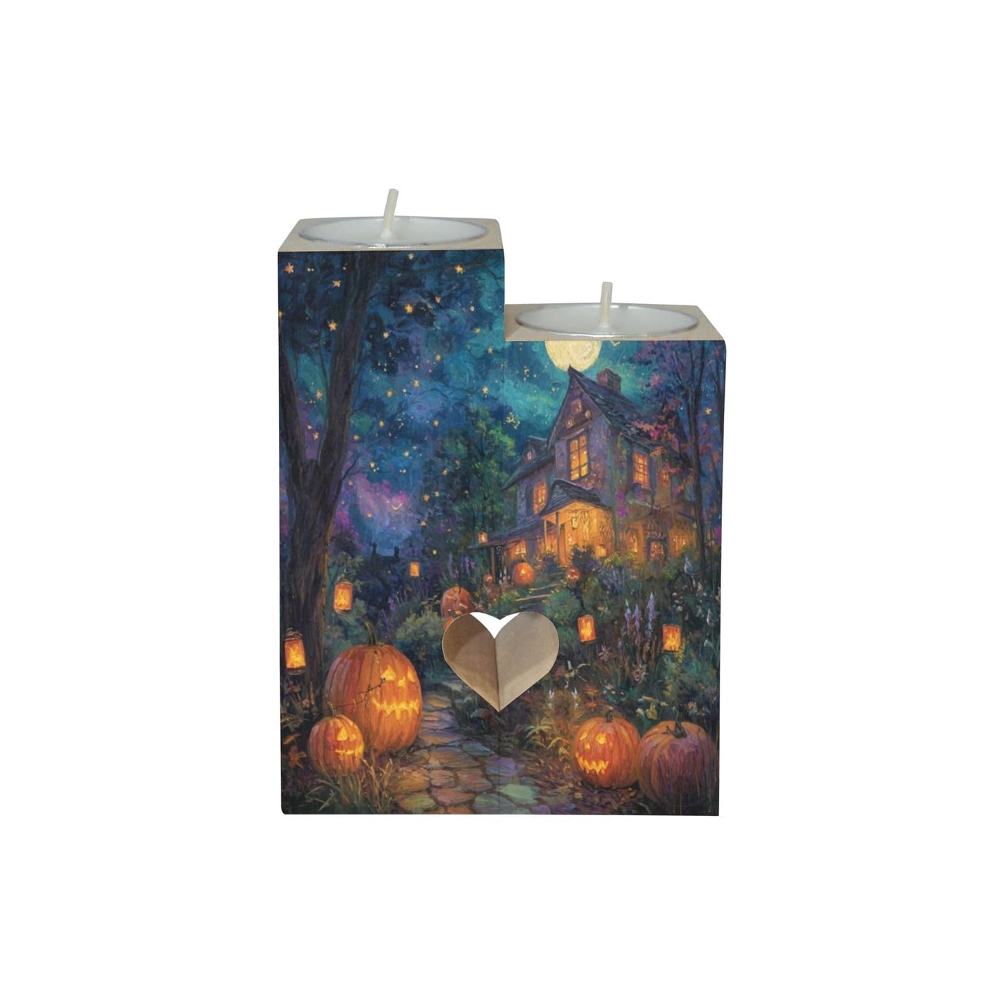 pnyoin Haunted Halloween Castle Night Candle Holders Gift for Women Wooden Heart Candlestick Personalized Christmas Birthday Graduation Friendship Gifts Home Wedding Dinning Party Decorative
