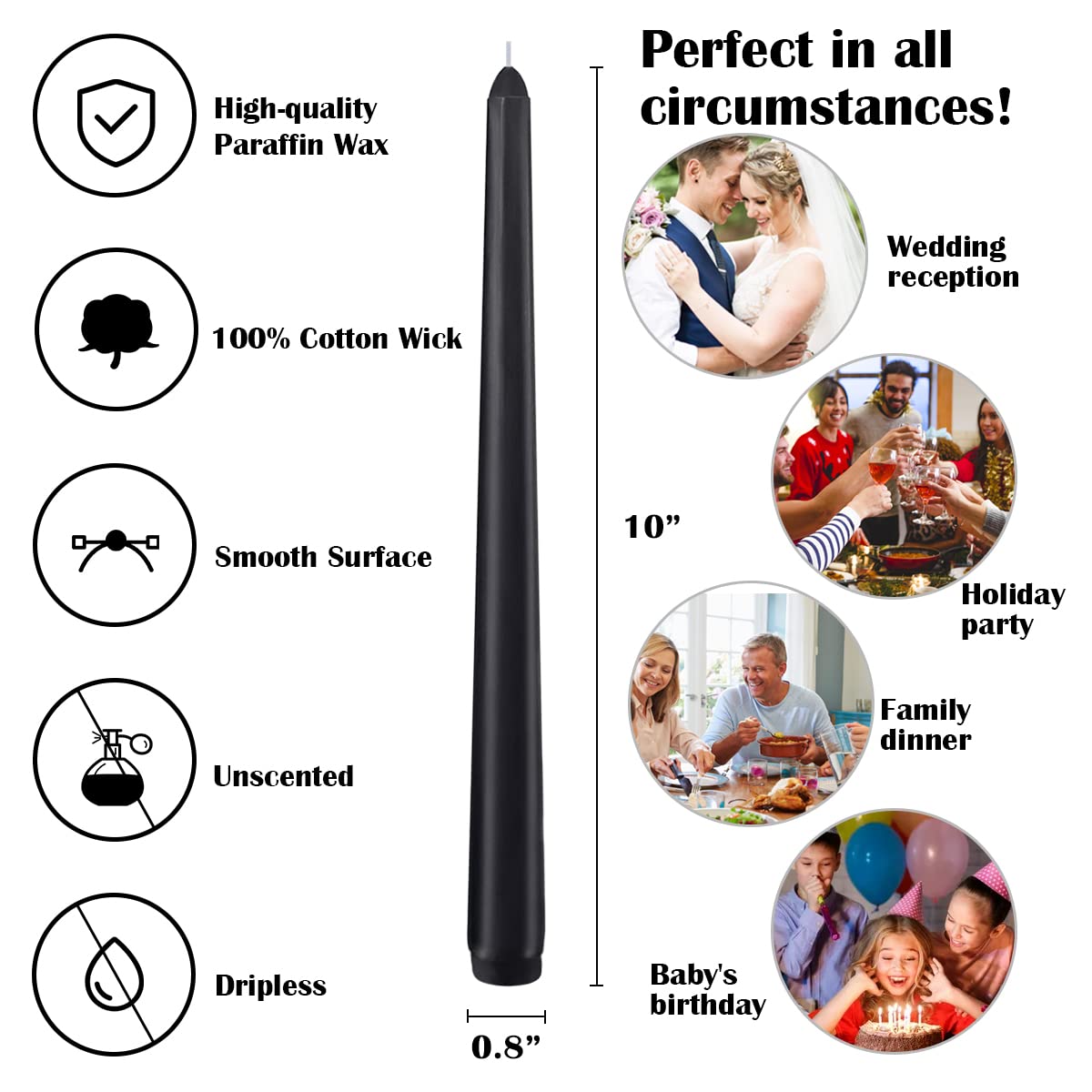 12-Pack Black Taper Candles, 10 Inch Unscented Dripless Candlesticks, Long-Lasting Burn Time of 7-8 Hours, Perfect for Halloween Decor Parties Meditation and Home Ambiance