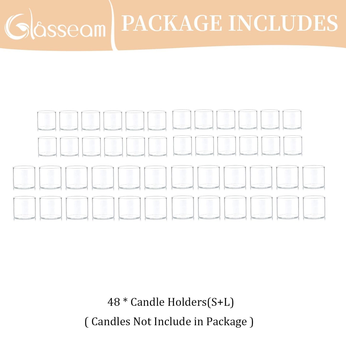 Glasseam Clear Votive Candle Holders Bulk - Set of 48 Small Tealight Holders for Floating Candles, Wedding Centerpieces and Table Decoration