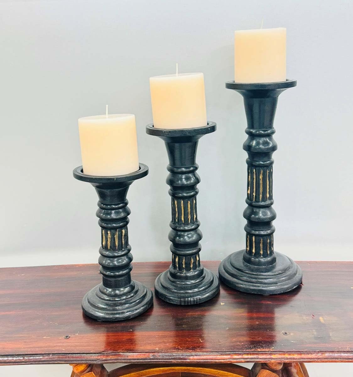 Wood Candle Holders for Pillar Candles (Set of 3) Large Rustic Pillar Candlestick Stands - 8 x 10x 12 inch Candles Holder Modern Farmhouse Decor (Black)