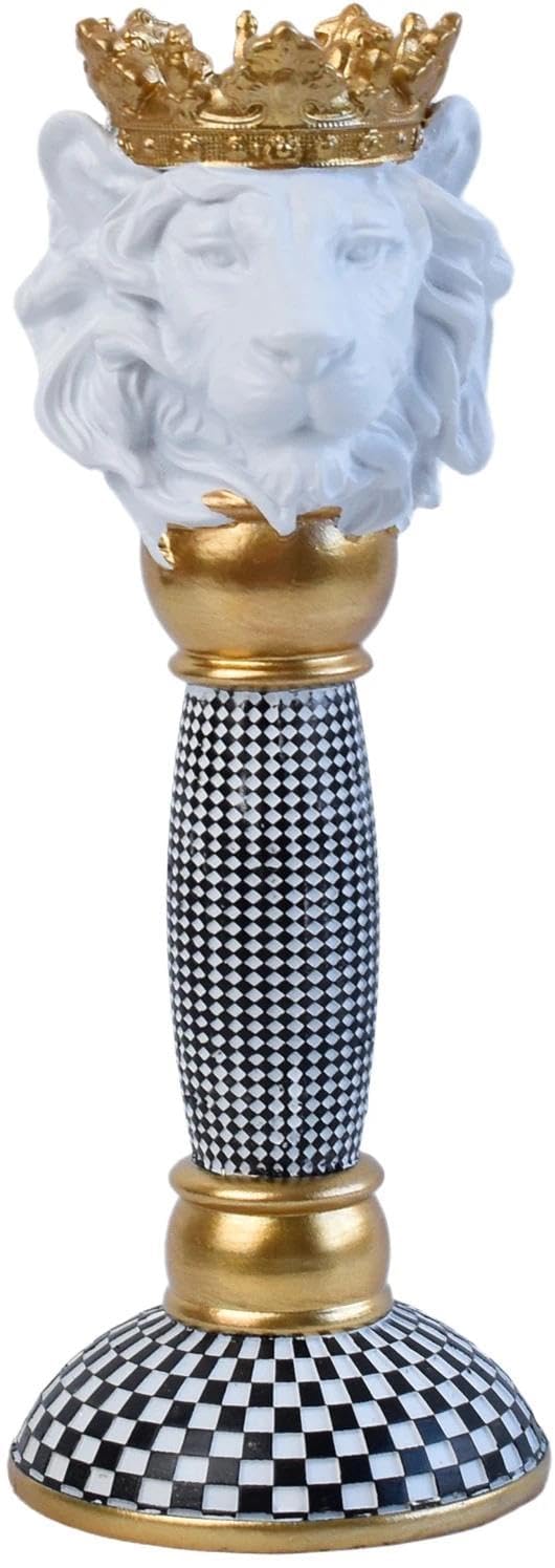 Crowned Animal Candlestick Holder Black & White Checkerboard Taper Candle Holder with Gold Accents Eclectic Resin Statue for Modern Home Decor, Table Centerpiece