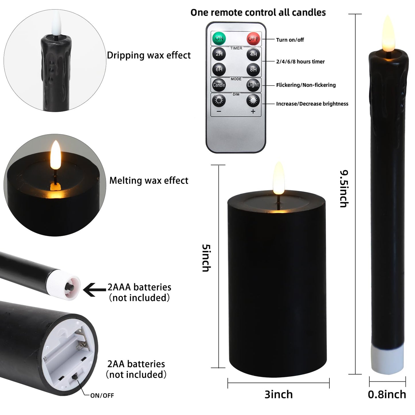 Lezonic Halloween Black Flameless Candles with Remote, Battery Operated Real Wax with Dripping Effect, Flickering LED Candles for Fireplace, Shelf, Centerpiece, Set of 4 (9.5" Taper & 5" Pillar