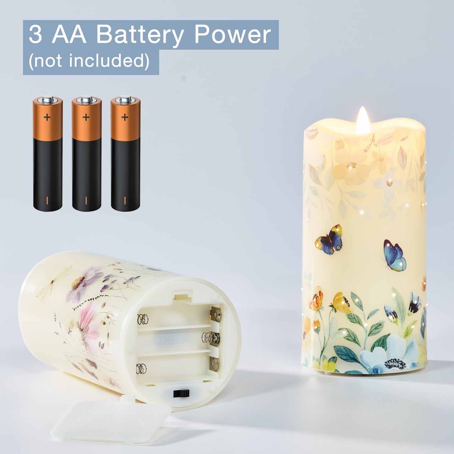 Eywamage Fiber Optic Flameless Pillar Candles with Remote Set of 3, Butterfly Floral Spring LED Candles Battery Operated Gift Φ 3" H 6"