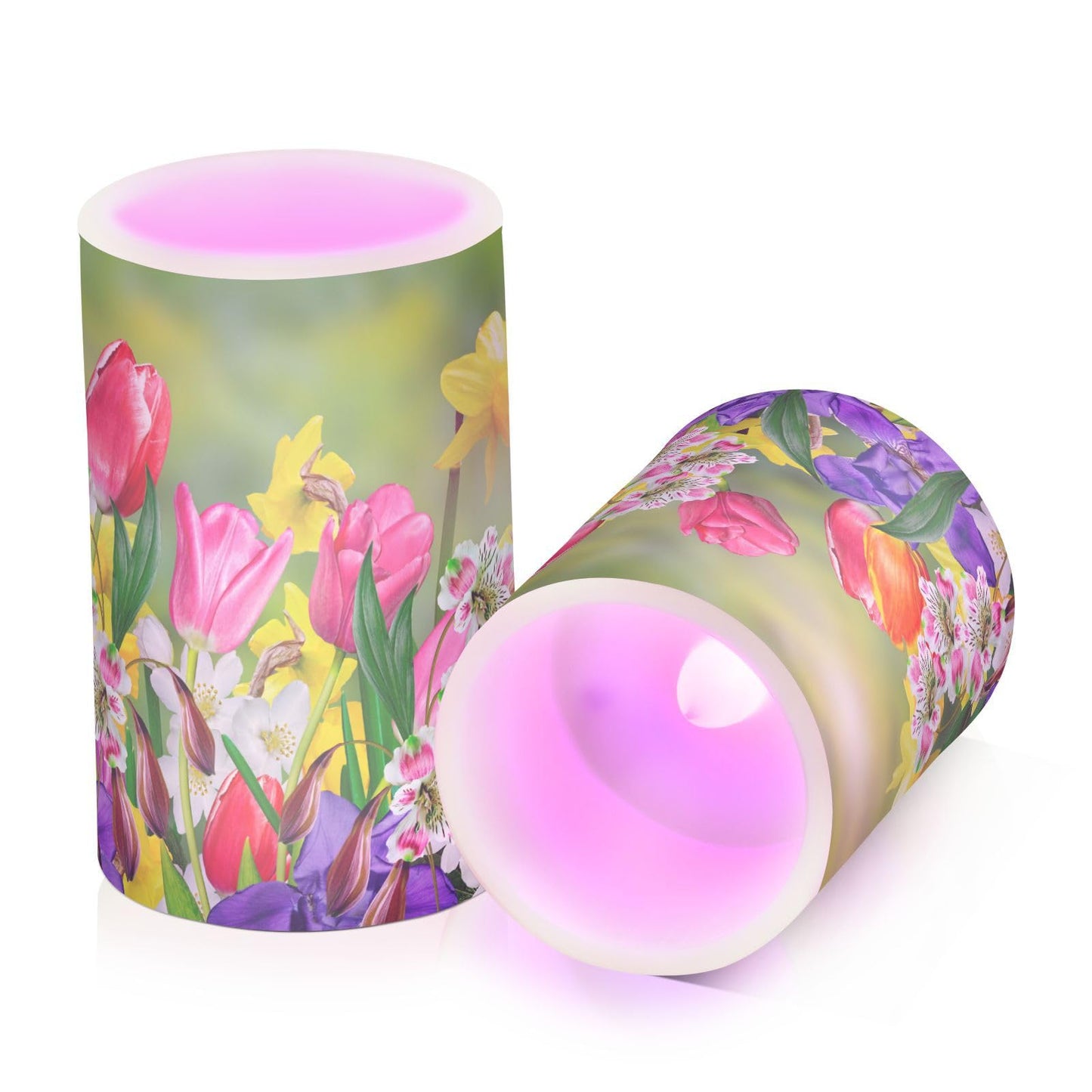 Eionryn Spring Flowers Daffodil Tulips Flameless Candles Summer Floral Sunrise Battery Operated LED Candles with Remote Timer Electric Candles for Home Party Decor 2pcs