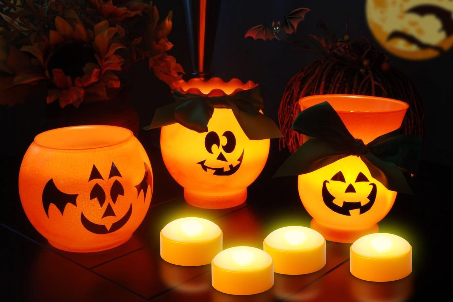 Yakpo 4 Pack Battery Operated Timer Halloween LED Pumpkin Lights with Remote, Flameless Flickering Orange Jack O Lantern Light, Outdoor Electric Orange Candle for Halloween Pumpkin Decorations