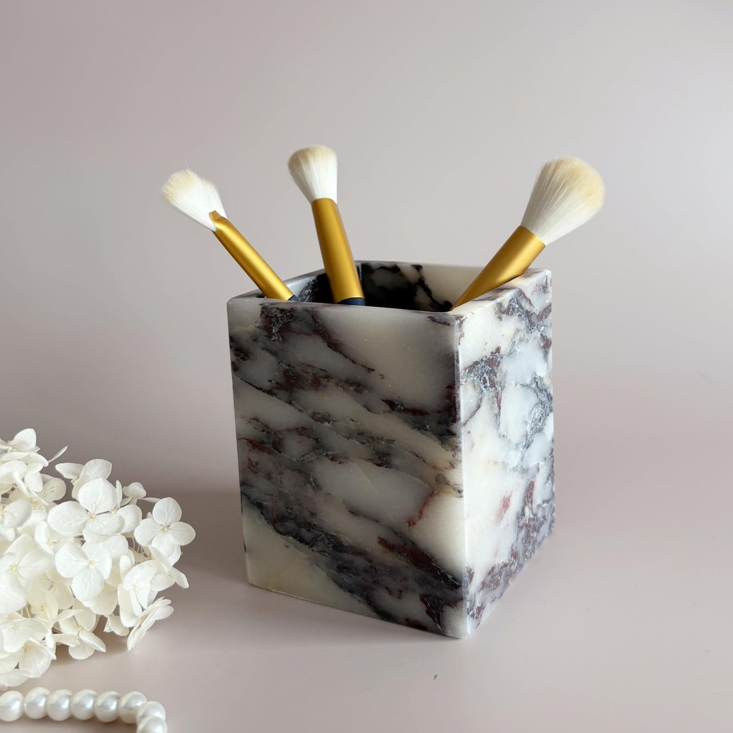 StonePlus Natural Marble Stone Square Storage Container Empty Vessel Holder Cup for Candle/Pens/Sundries items (Calacatta Purple)