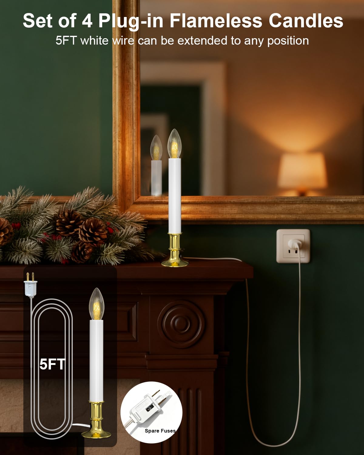 Electric Christmas Window Candles, Christmas Candles with Dusk-to-Dawn Auto Sensor - 7W C26 Light Bulbs, Turns On in Dark - Off in Light, Pack of 4