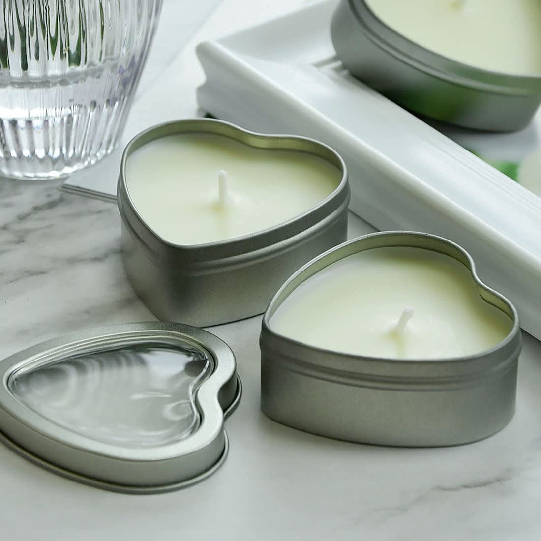DEYBBY Jasmine Scented Soywax Tealight Candles, White Heart Shaped Aromatherapy Candles Gifts Tins for Women, Mother, Wife, Lover (Pack of 6)