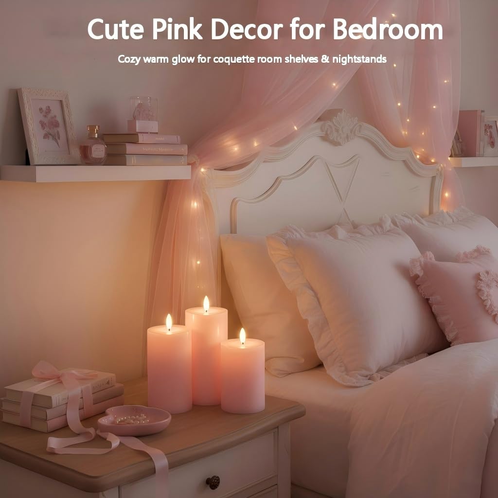 ANGELLOONG Pink Flameless Candles with Remote and Timer, Set of 3 Real Wax LED Pillar Candles Battery Operated Fake Candles for Pink Christmas Decor, Bedroom Bathroom