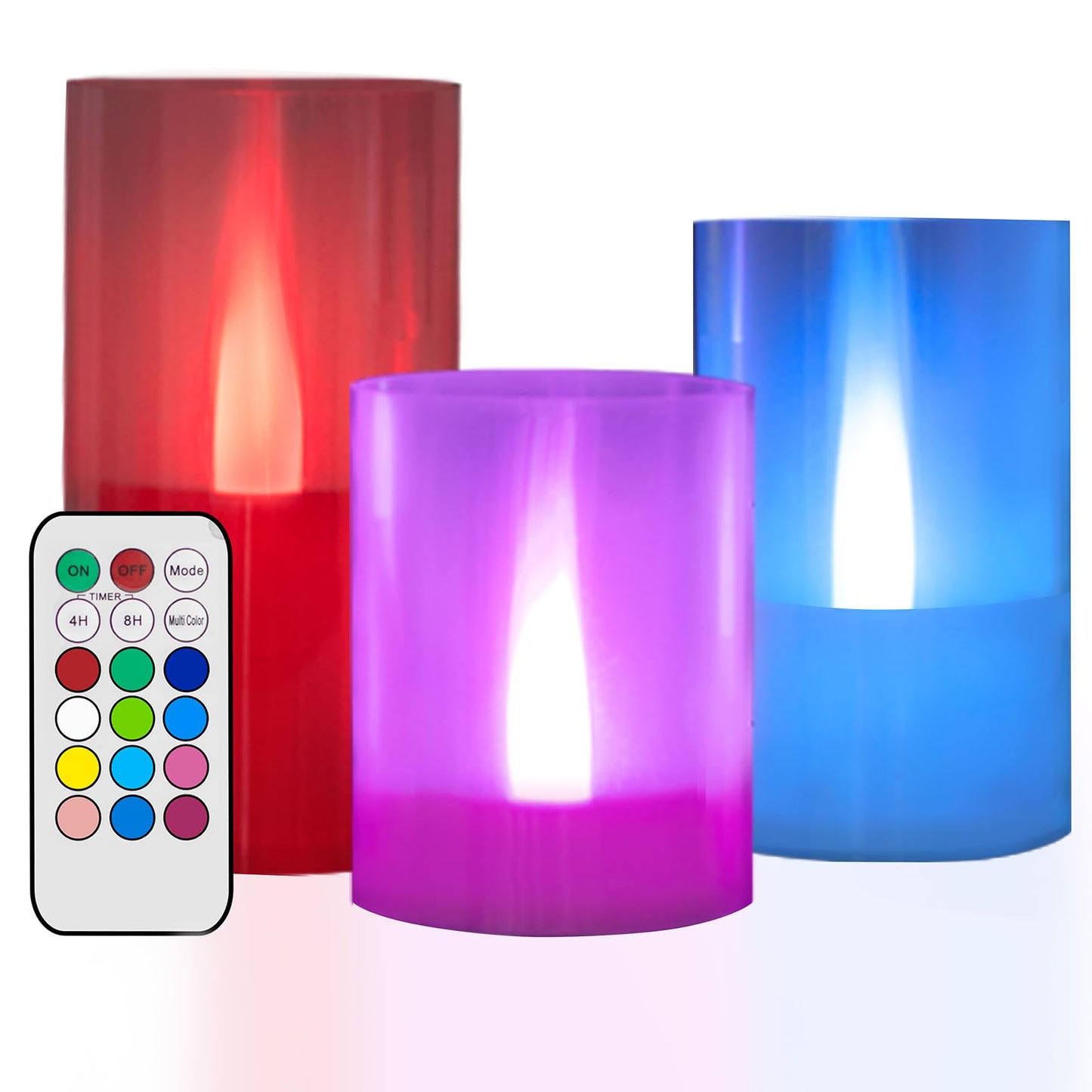 LANKER Flameless Candles with Remote Control and Timer, Battery Operated LED Pillar Candles, Romantic Light, Set of 3 (Multi-Color)