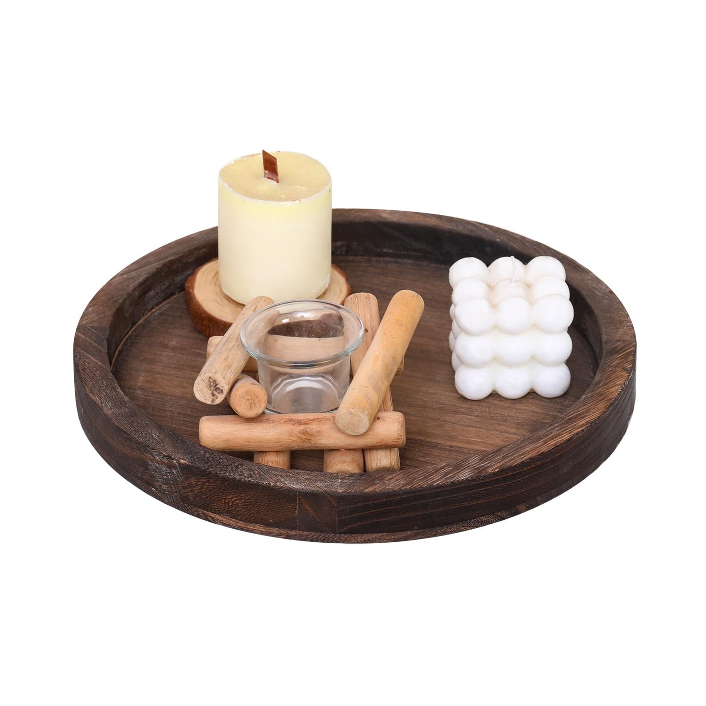 Rustic Wooden Serving Tray – Handcrafted Round Farmhouse Tray, Lightweight Paulownia Wood Decorative Tray for Coffee Table, Candle Holder, Breakfast in Bed, and Multi-Purpose Home Decor