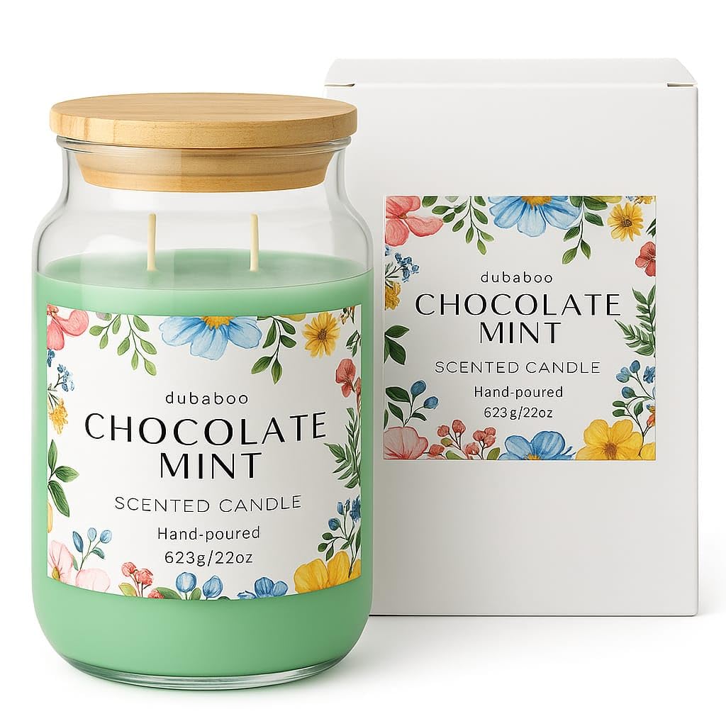 Large 22oz Soy Candle – Long Lasting 80+ Hour Burn, Hand Poured Clean Burning Scented Candle with Cotton Wick, Reusable Glass Jar – Chocolate Mint | DUBABOO