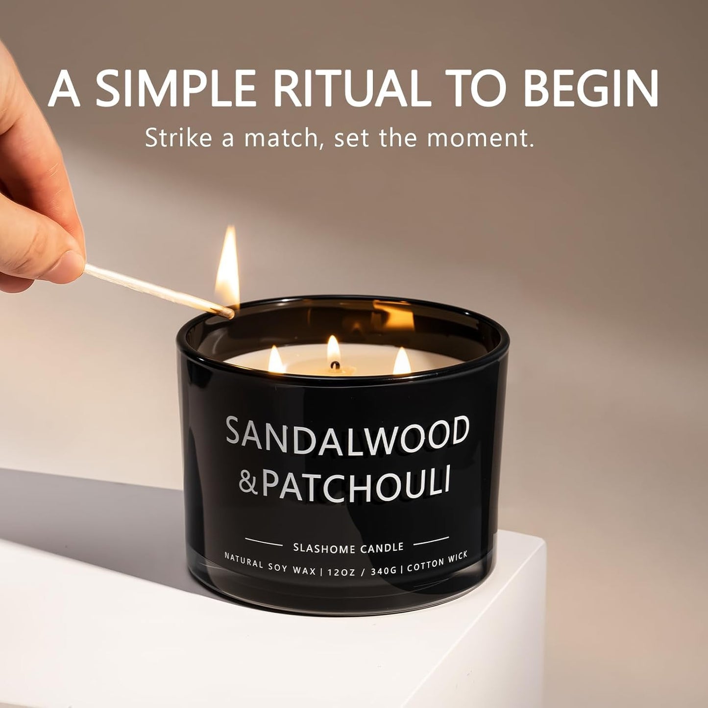 Sandalwood & Patchouli Scented Candle, Luxury Large 3 Wick Soy Candle 12 Oz, 60+ Hour Long Lasting Clean Burn, Elegant Aromatherapy Home Decor, Housewarming & Birthday Gift for Men & Women