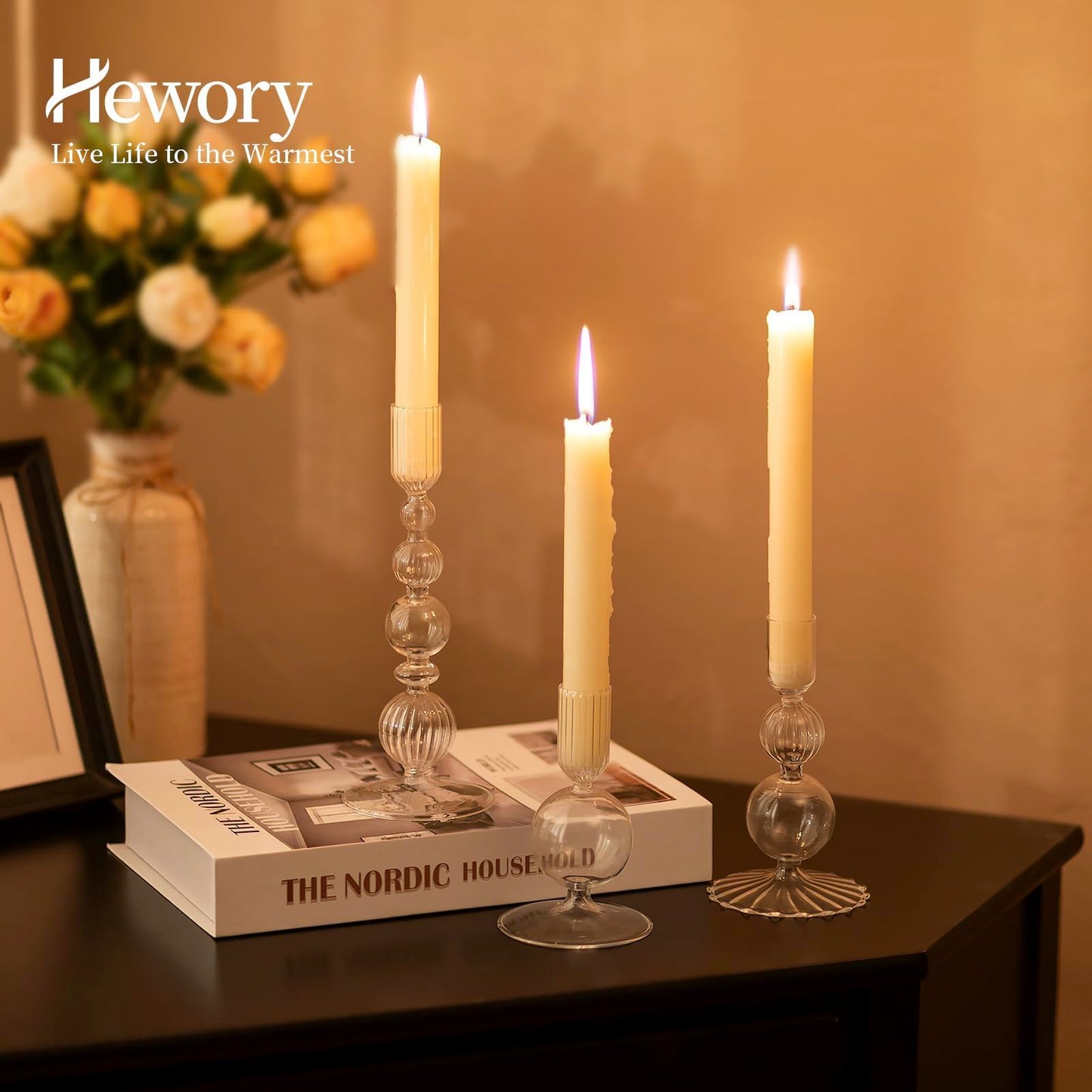 Hewory Glass Candlestick Holders Set: 3PCS Clear Candle Holder Taper Candle Holders Bulk, Crystal Ribbed Candle Sticks Holder Decor for Table Centerpiece Wedding Christmas Thanksgiving Dinner