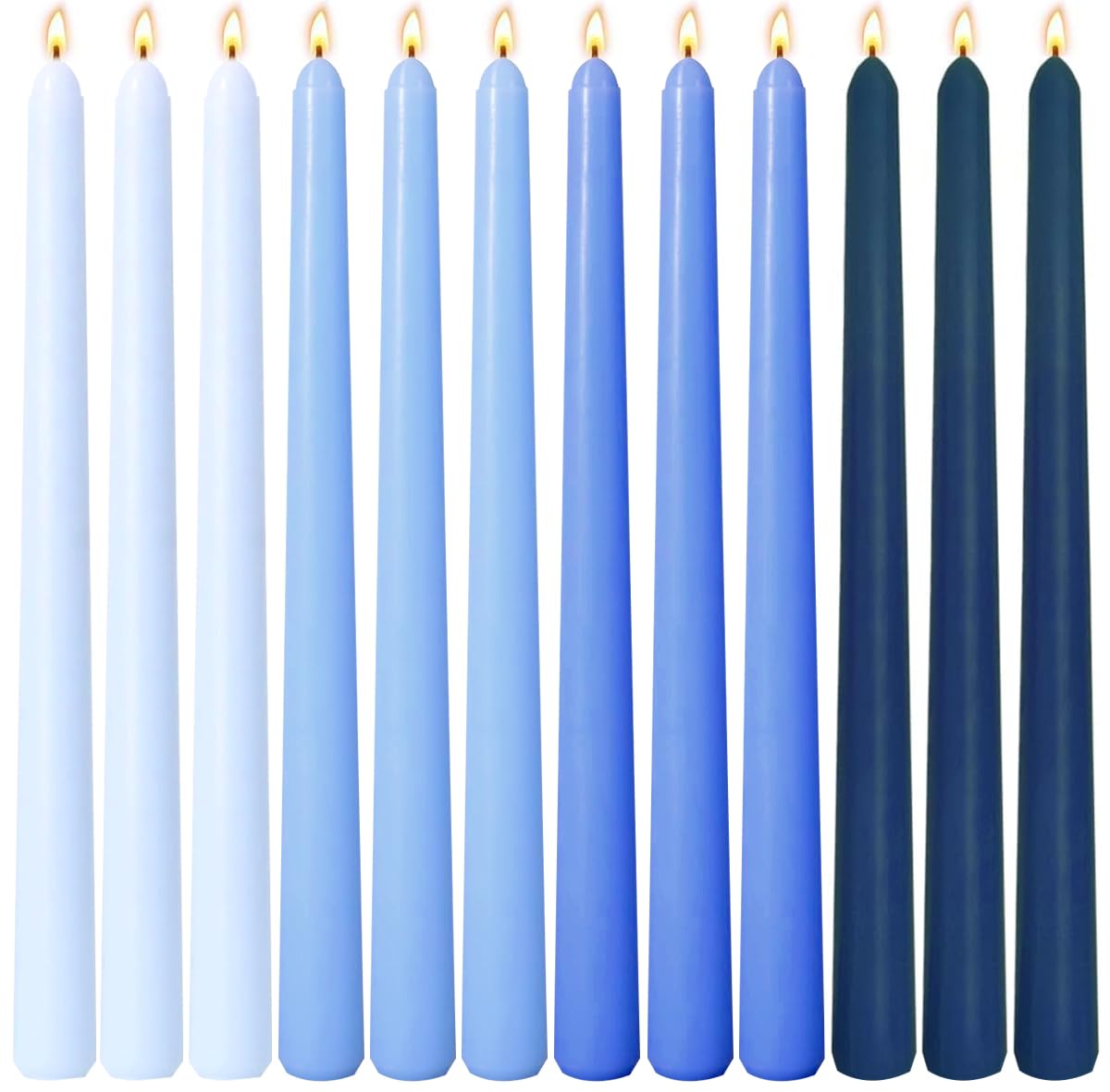 12-Pack Gradient Blue Taper Candles, 10 Inch Unscented Dripless Candlesticks, Long-Lasting Burn Time of 7-8 Hours, Perfect for Home Décor Weddings Babyshower and Events