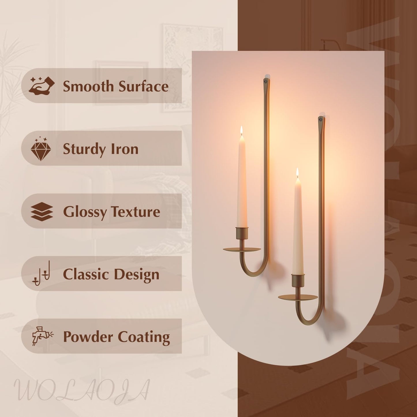 Metal Wall Candle Sconce Holder Set of 2 Wall Mount Candle Holder Pillar Holder Brass Modern Wall Candle Sconces Hanging for Living Room Farmhouse Fireplace Wedding