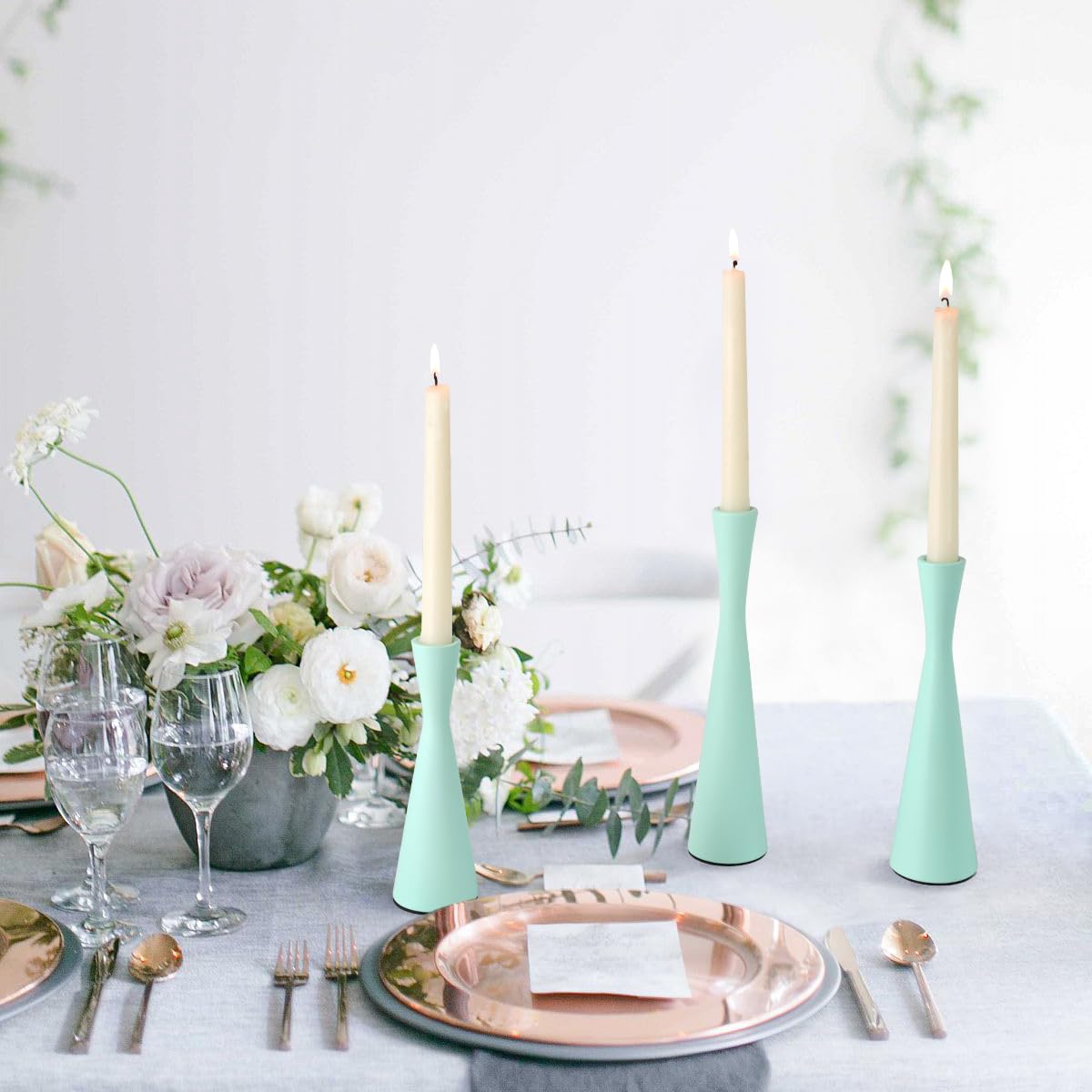Vixdonos Taper Candle Holders Metal Candlestick Holders Set of 3 Table Mantel Decorative Candle Stand for Dinning,Party，Wedding,Home Decor(Light Green)