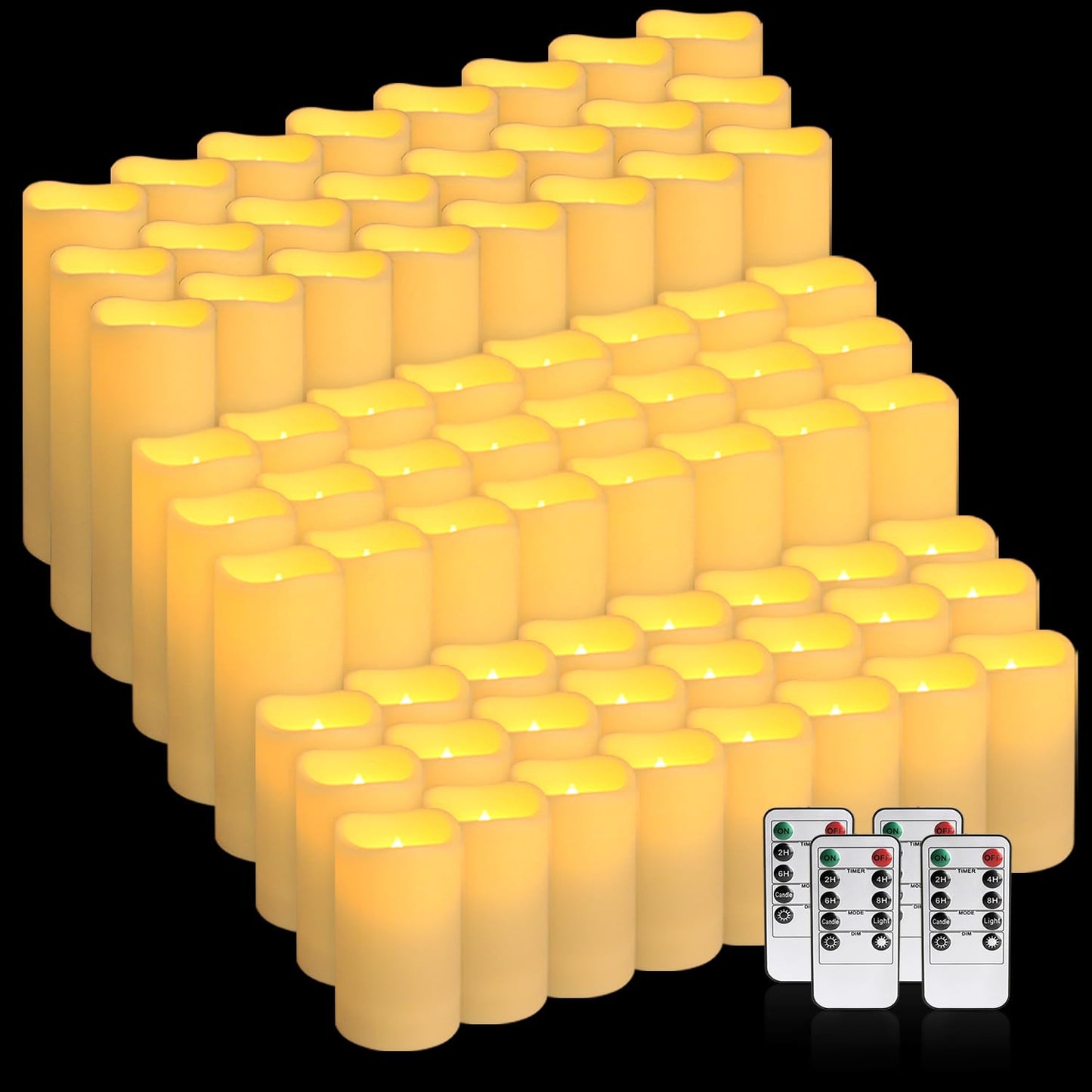 Wfmolcand 144-Pack LED Flameless Flickering Candles with Remote Control and 2/4/6/8 H Timer Led Pillar Candles of Wedding, Table, Halloween,Christmas Decorations and Special Occasions (Three Sizes)
