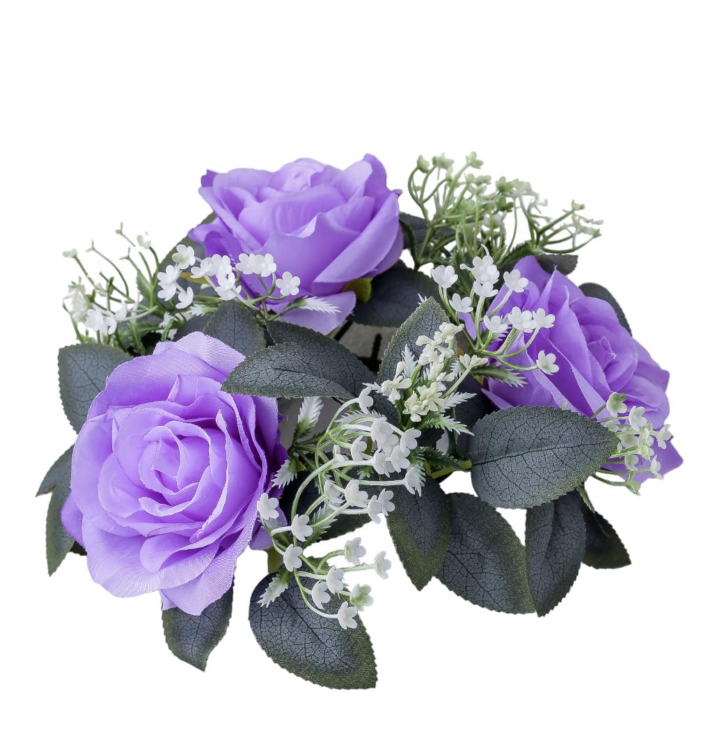 2 Pack Artificial Rose Candle Rings,Floral Wreaths with Eucalyptus Leaves Greenery Garland for Pillar Candle Lantern Wedding Centerpiece Party Home Table Decor (Purple)