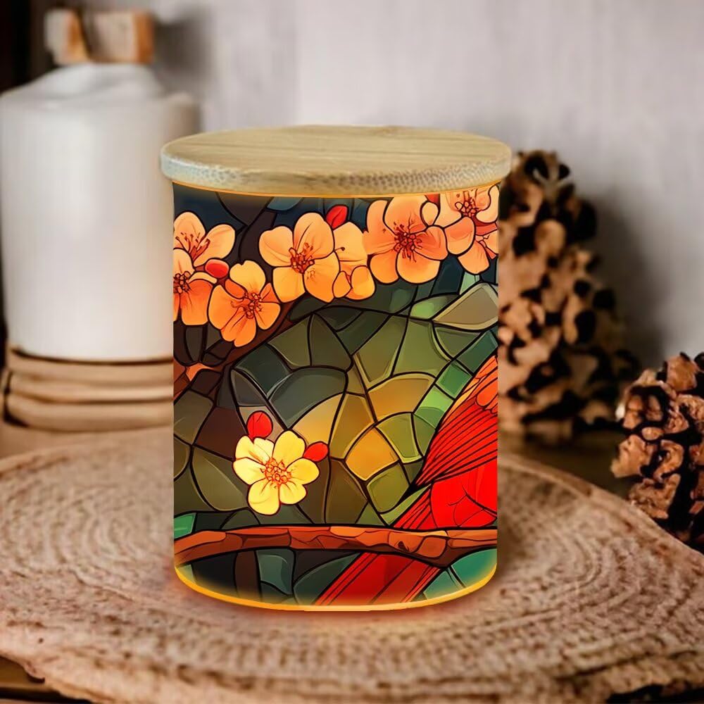 Cardinal Stained Glass Tea Light Holder for Home Decoration, Pink Flower Tealight Candle Holders with Bamboo Lid, Cardinal Bird Votive Candle Jar Memorial Glass Candlesticks - 3.5"x2.8"