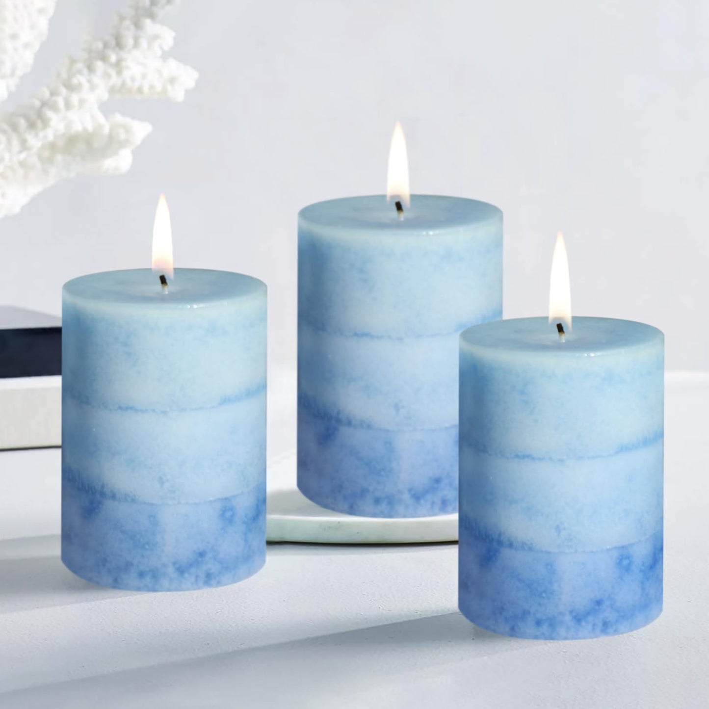 Petristrike Blue Pillar Candles for Home Scented, Set of 3 Strong Ocean Fragrance Scented Candles, 50+ Hrs Long Burning Candles Set