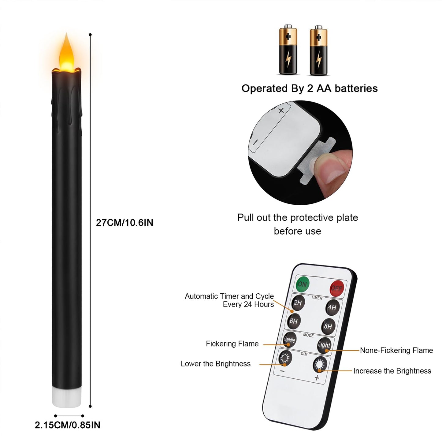 wemarry Flameless Taper Candles 10.6" Dripless Battery Operated Taper Candles Included Remote Timer 400+ Hours by 2AA Batteries for Halloween Christmas Wedding (Black, 24 Pack)