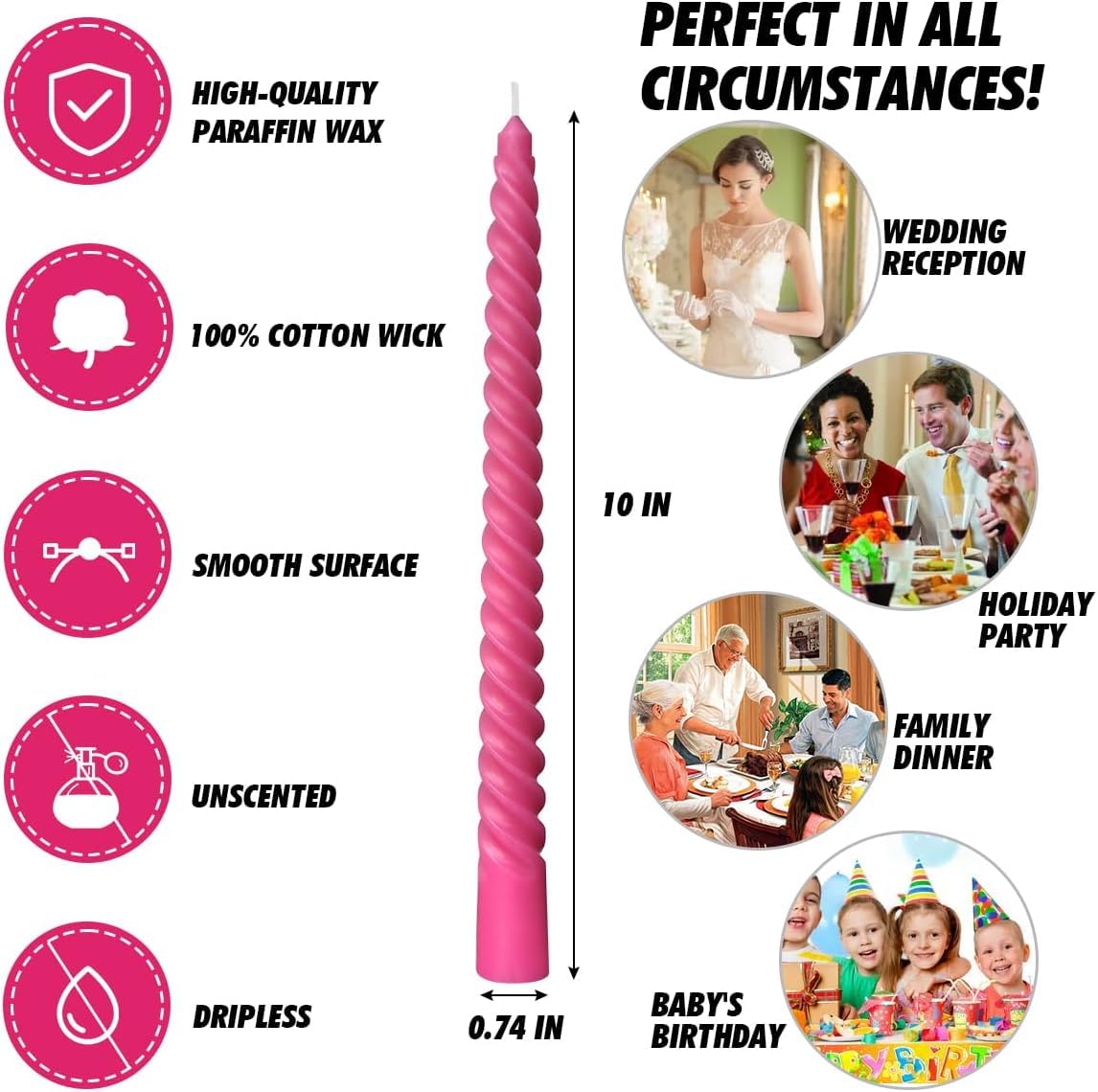 20 Pack 10 Inch Hot-Pink Spiral Taper Candles for Christmas and Holiday Home Decoration, Unscented Dripless Twisted Candlesticks for Dinner Party Wedding Valentine's Day