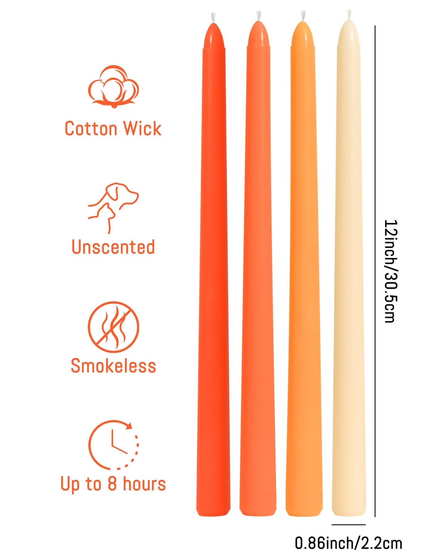Viyffo Taper Candles, 12 Inch, 12 Pack, Orange – Unscented, Smokeless Design, Up to 8-Hour Burn – Tall Candlesticks for Table Decor, Weddings & Dinners