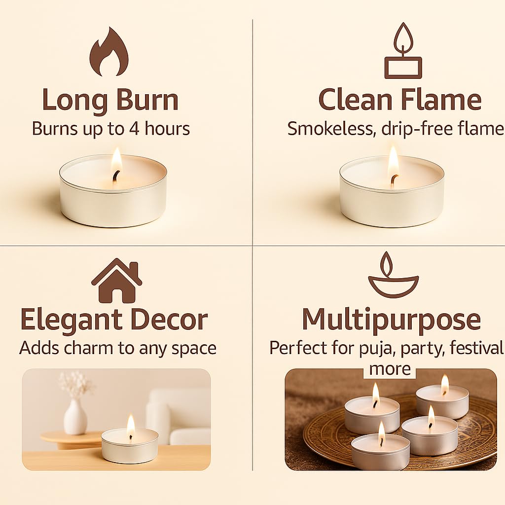 Anchals Collection Tea Light Candles Unscented White Wax Pack of 100 Long Burning Tealights for Diwali Decoration Pooja Home Decor Wedding Spa Meditation Aromatherapy