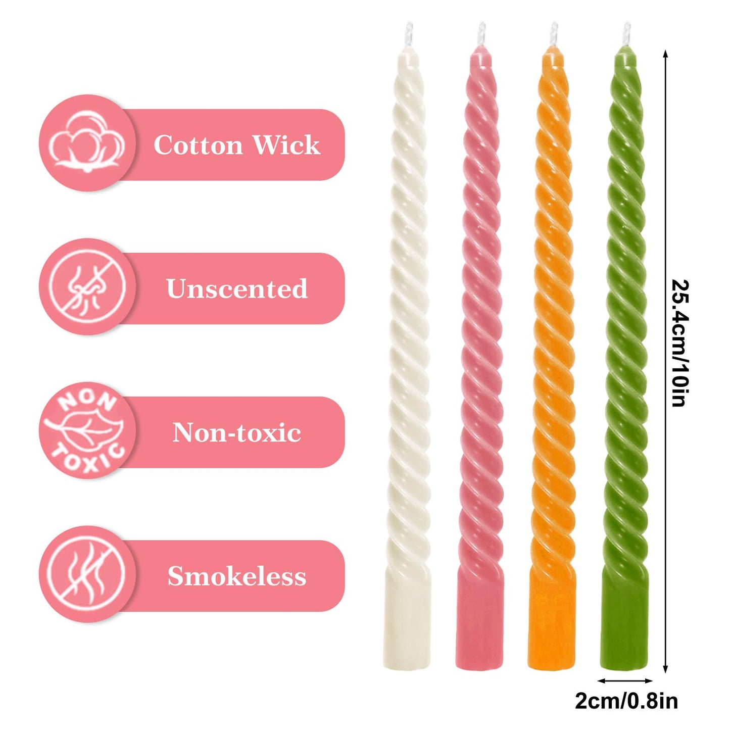 Whaline 8 Pcs Spiral Taper Candles White Pink Orange Green Dripless Twisted Wax Candles 10 Inch Long Unscented Candle Sticks for Spring Holiday Dinner Party Wedding Home Kitchen Table Decor
