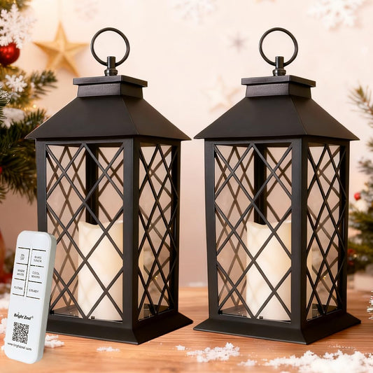 Bright Zeal 2-Pack 13.5" Candle Lanterns Outdoor Waterproof Decorative Lights with Timer Remote - Decorative Indoor LED Lanterns Battery Operated - Cool White Vintage Lantern Outdoor