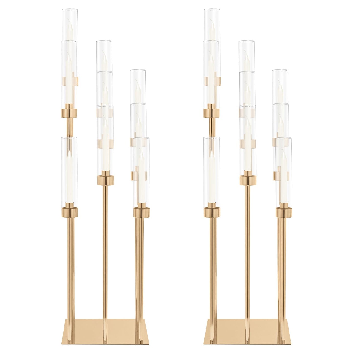 2 Sets Gold 9-Arm Metal Candelabra with Acrylic Shades – 32" High Floor Candle Holders, Each Set Includes 9 Bases & 9 Lampshades, Multi-Level Design for Wedding & Party Centerpieces