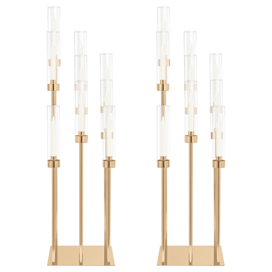 2 Sets Gold 9-Arm Metal Candelabra with Acrylic Shades – 32" High Floor Candle Holders, Each Set Includes 9 Bases & 9 Lampshades, Multi-Level Design for Wedding & Party Centerpieces