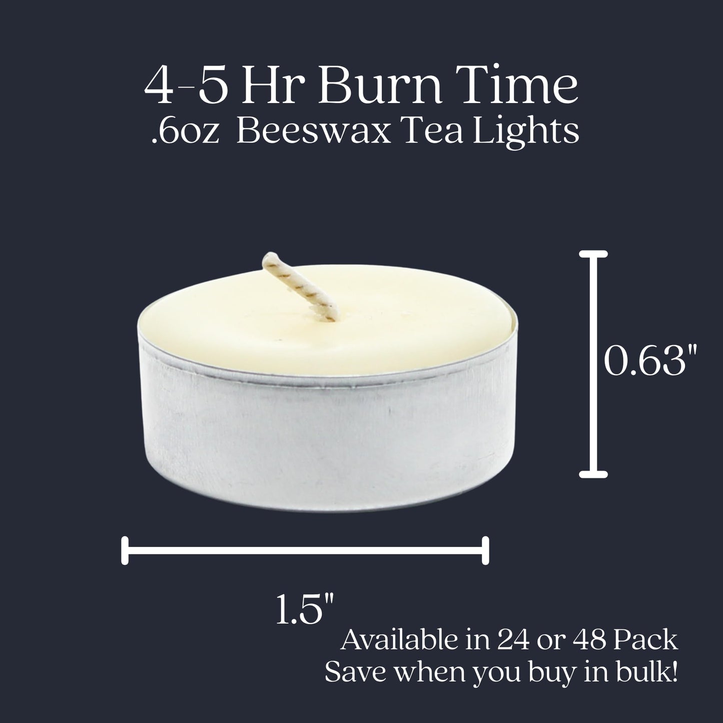 Bluecorn Beeswax Tea Light Candles, 100% Pure Natural Bees Wax, White Tea Lights in Metal Cups, Fragrance Free, Paraffin & Soy Free Candle Wax, Clean Burning, Long Lasting, American Made, 24 Pack