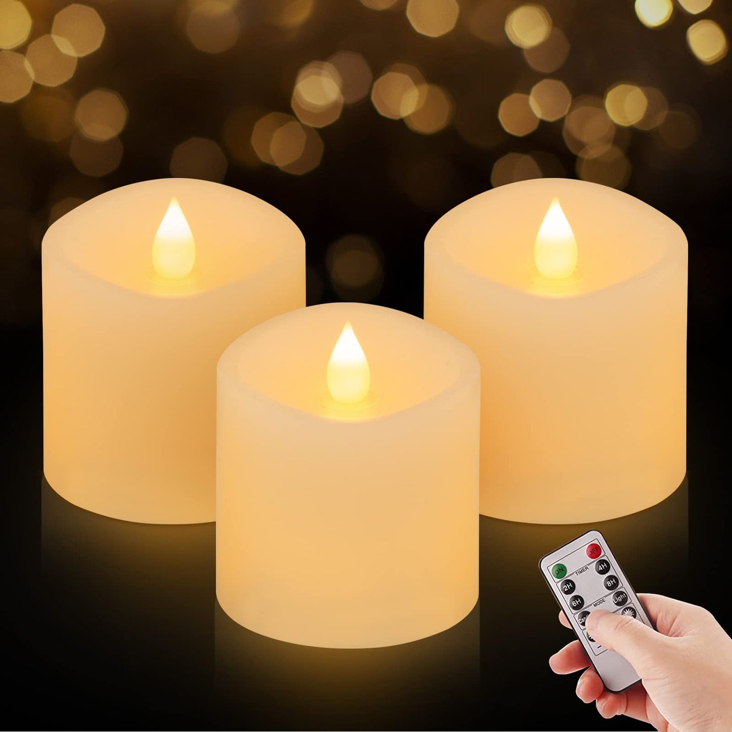 ASLDOIWEH 3x3 Flickering Flameless Candles Set of 3, 2AA Battery Life 600 Hours Battery Candles Flickering with Timer,3 inch Flameless Candles with Remote for Indoor/Outdoor, White