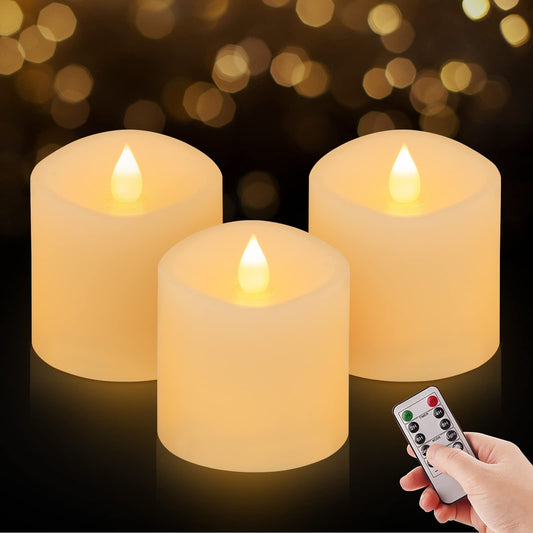 ASLDOIWEH 3x3 Flickering Flameless Candles Set of 3, 2AA Battery Life 600 Hours Battery Candles Flickering with Timer,3 inch Flameless Candles with Remote for Indoor/Outdoor, White