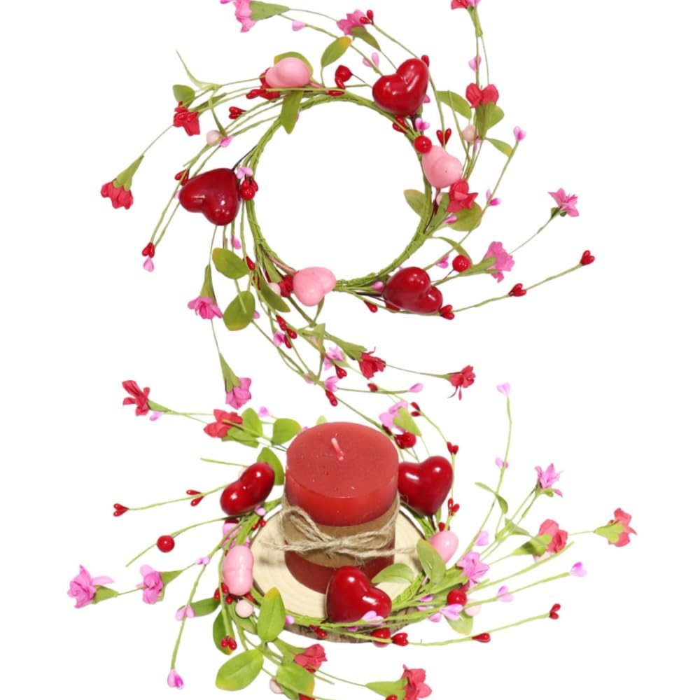 2 Pcs 10" Mini Valentine Candle Rings Wreath for Front Door Small Valentine's Day Red Heart Berry with Forsythia Flowers Decor for Kitchen Cabinet Porch Wall Window Chai (Pink)