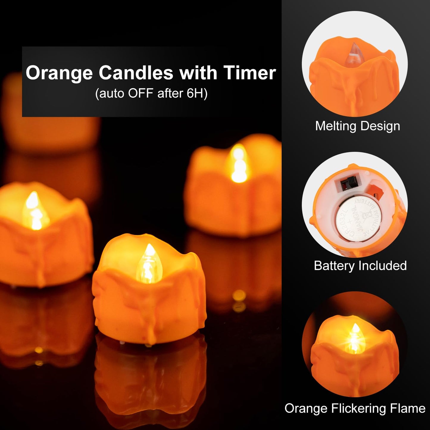 Windshell Orange Tealight Candles with Auto 6H Timer (No Remote), Battery Operated LED Flameless Tea Lights with Melting Design, for Halloween Thanksgiving Party, 12 Pack