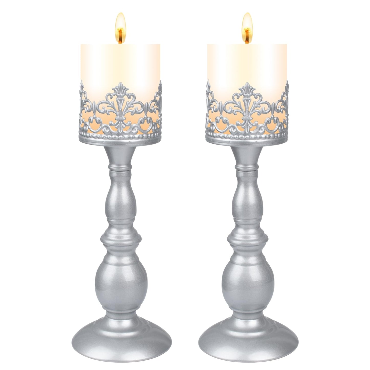 Candle Holders for Pillar Candles Gothic Matte Pearl Silver Tall Candle Holders Set of 2 Decorative Large Table Centerpieces Candle Stand Decor (Pearl Silver 2PCS A)