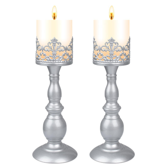 Candle Holders for Pillar Candles Gothic Matte Pearl Silver Tall Candle Holders Set of 2 Decorative Large Table Centerpieces Candle Stand Decor (Pearl Silver 2PCS A)