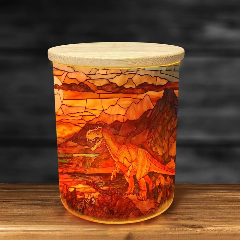 Stained Glass Dinosaur Tea Light Candle Holders, Volcanic Landscape Tealight Candle Holder Jar with Wooden Lid, Votive Candlesticks for Table Centerpieces, Christmas,Birthday Party,Home Decor